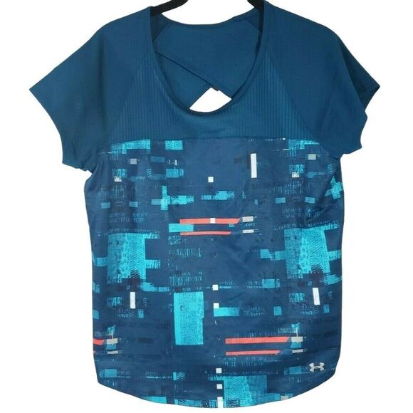 Under armour Tops - Under Armour Shirt Size M Womens Blue Print Short Sleeve Crew Open Back Athletic
